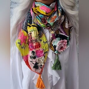 Upcycled Couture Designer Big Scarf Neck Wrap Patched Boho Turquoise Pink